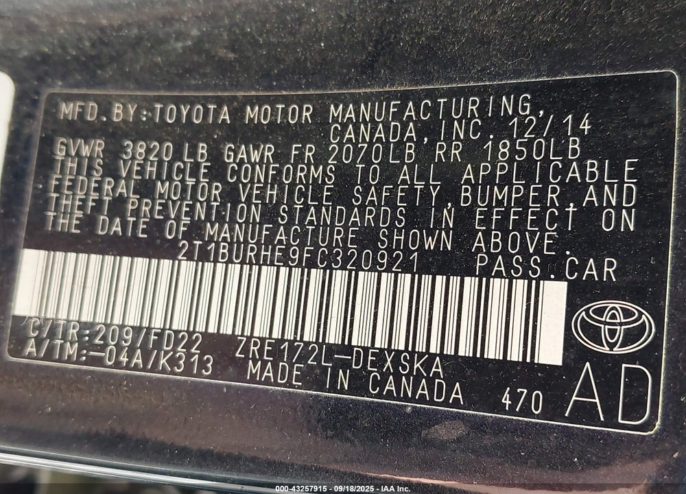 2015 TOYOTA COROLLA VIN: 2T1BURHE9FC320921