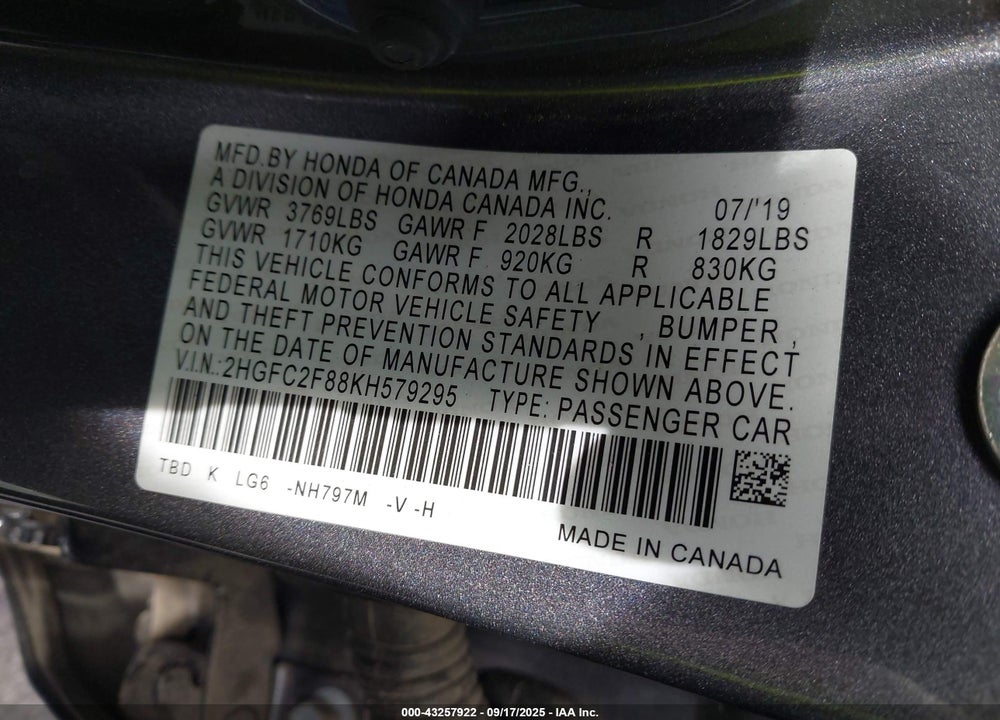 2019 HONDA CIVIC VIN: 2HGFC2F88KH579295