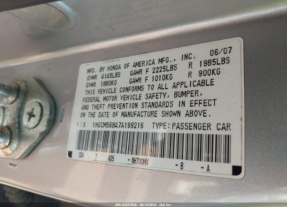 2007 HONDA ACCORD 2.4 EX VIN: 1HGCM56847A199216