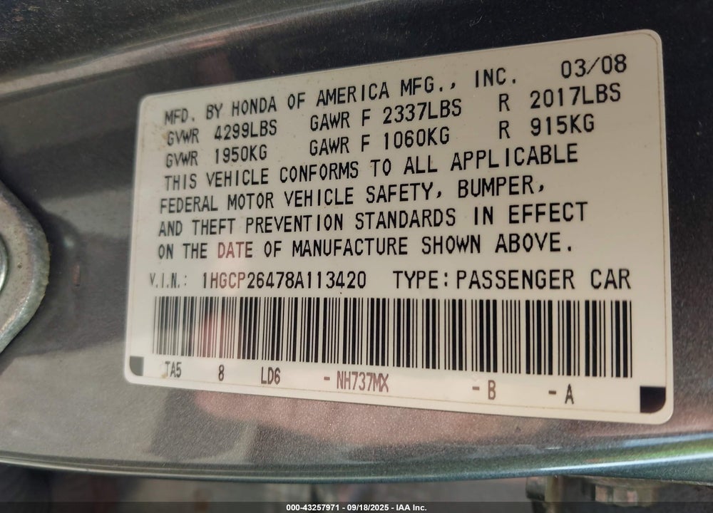 2008 HONDA ACCORD VIN: 1HGCP26478A113420