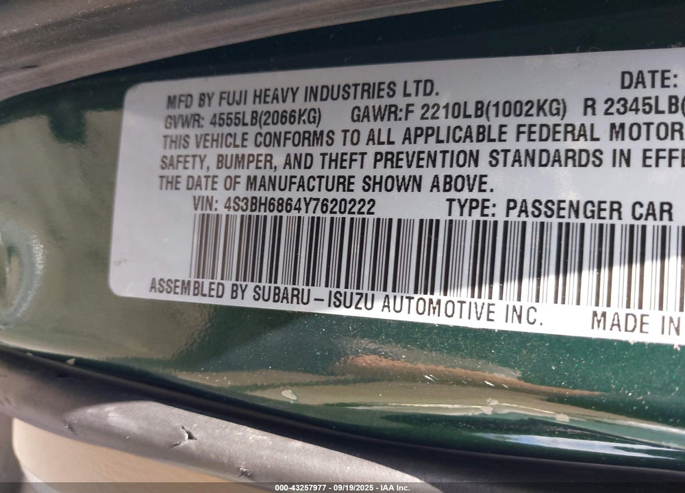 2000 SUBARU OUTBACK LIMITED VIN: 4S3BH6864Y7620222