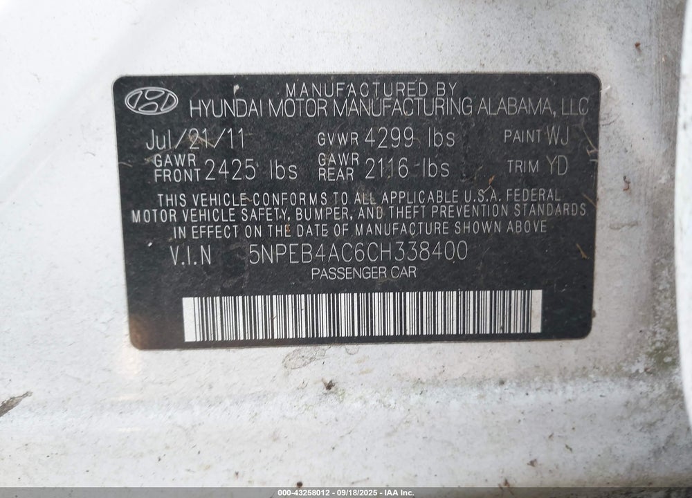 2012 HYUNDAI SONATA VIN: 5NPEB4AC6CH338400