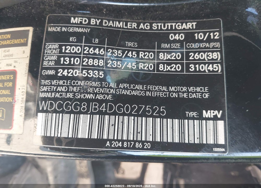 2013 MERCEDES-BENZ GLK-CLASS VIN: WDCGG8JB4DG027525