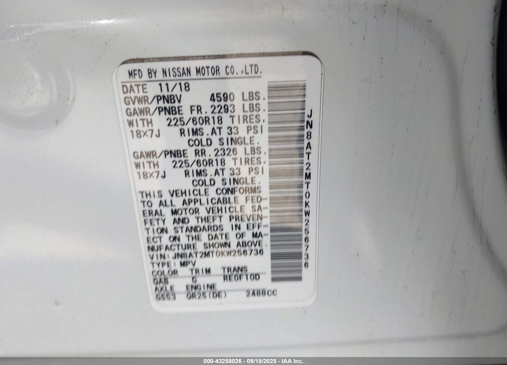 2019 NISSAN ROGUE SV VIN: JN8AT2MT0KW256736
