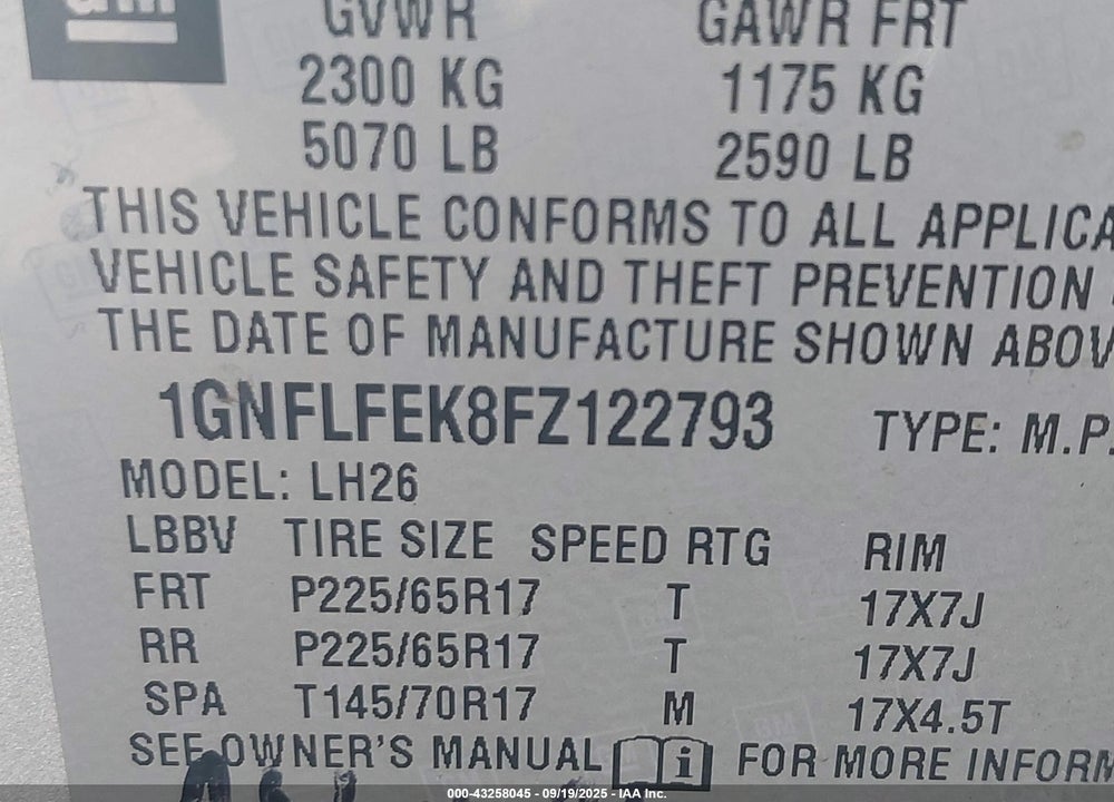 2015 CHEVROLET EQUINOX 1LT VIN: 1GNFLFEK8FZ122793