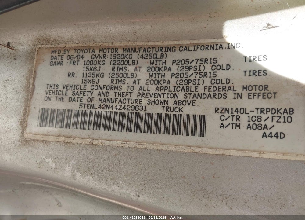2004 TOYOTA TACOMA VIN: 5TENL42N44Z429631