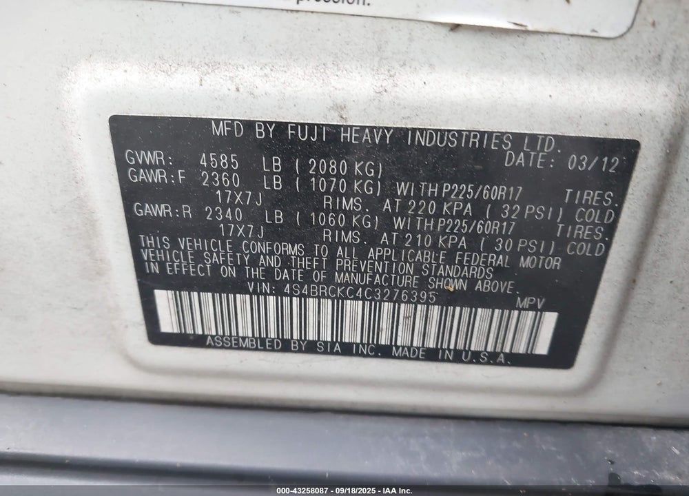 2012 SUBARU OUTBACK VIN: 4S4BRCKC4C3276395