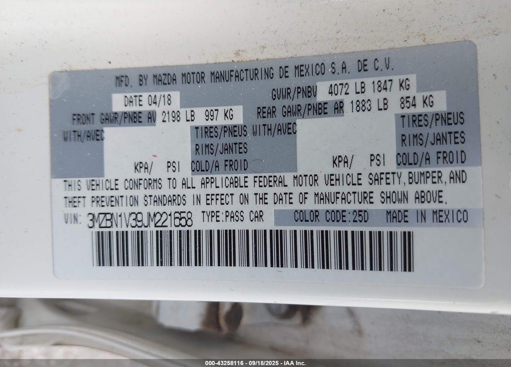 2018 MAZDA 3 VIN: 3MZBN1V39JM221658
