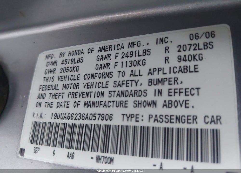 2006 ACURA TL VIN: 19UUA66236A057906