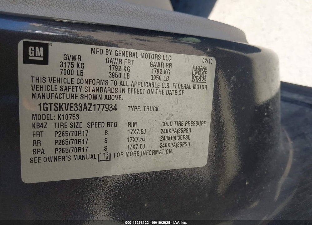 2010 GMC SIERRA 1500 SLE VIN: 1GTSKVE33AZ177934