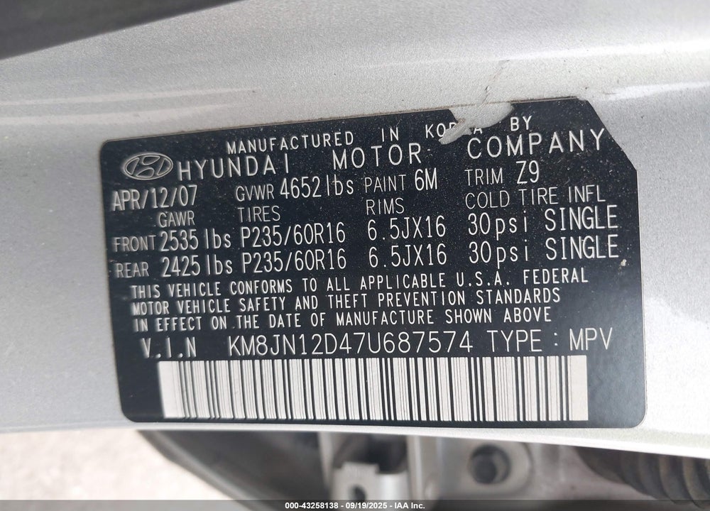 2007 HYUNDAI TUCSON VIN: KM8JN12D47U687574