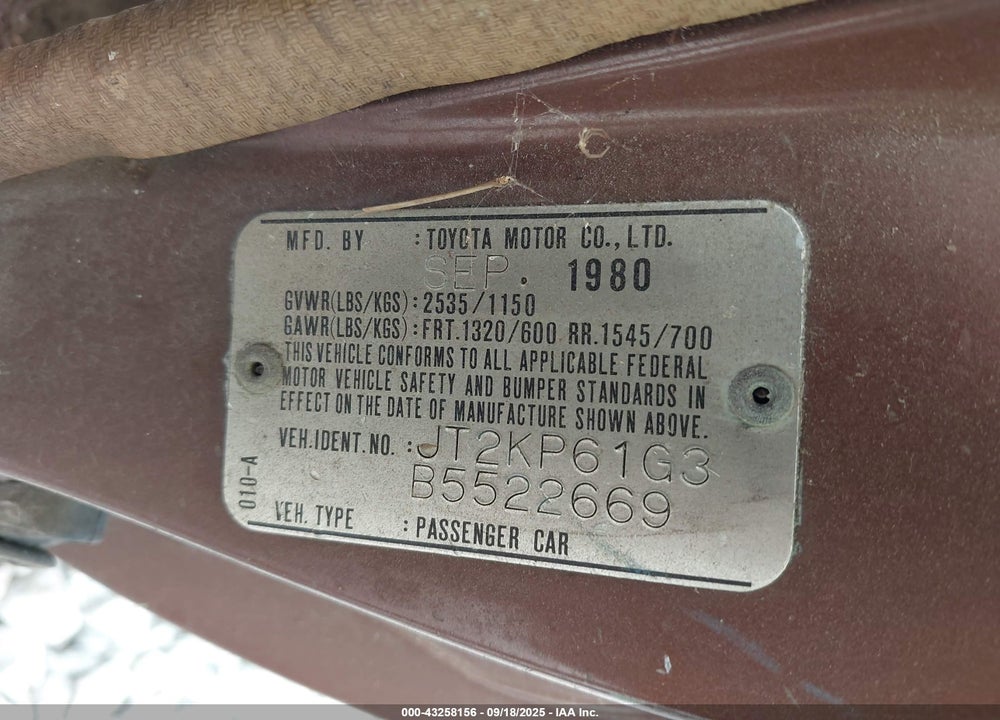 1981 TOYOTA STARLET VIN: JT2KP61G3B5522669