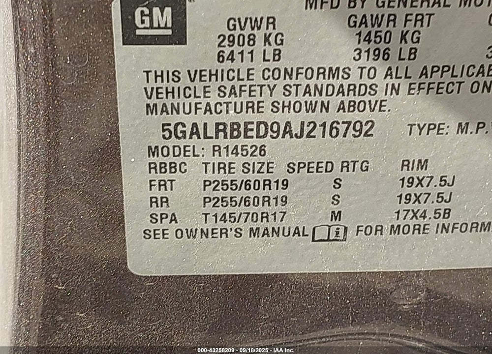 2010 BUICK ENCLAVE 1XL VIN: 5GALRBED9AJ216792