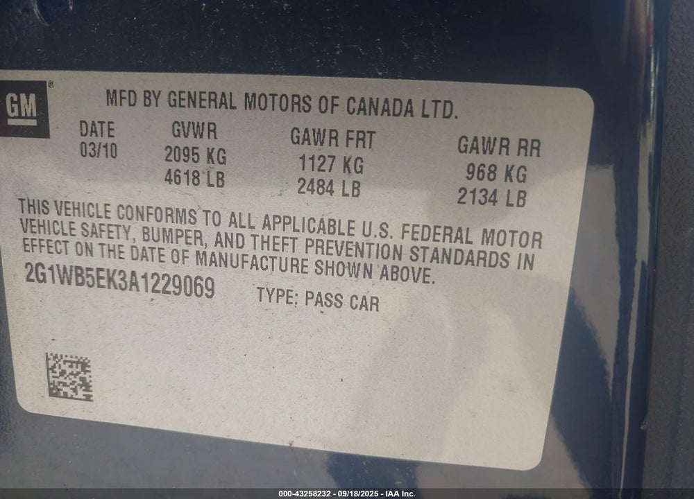 2010 CHEVROLET IMPALA VIN: 2G1WB5EK3A1229069