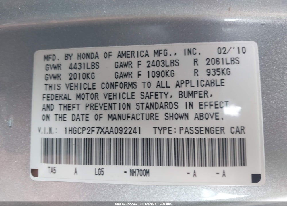 2010 HONDA ACCORD 2.4 EX VIN: 1HGCP2F7XAA092241
