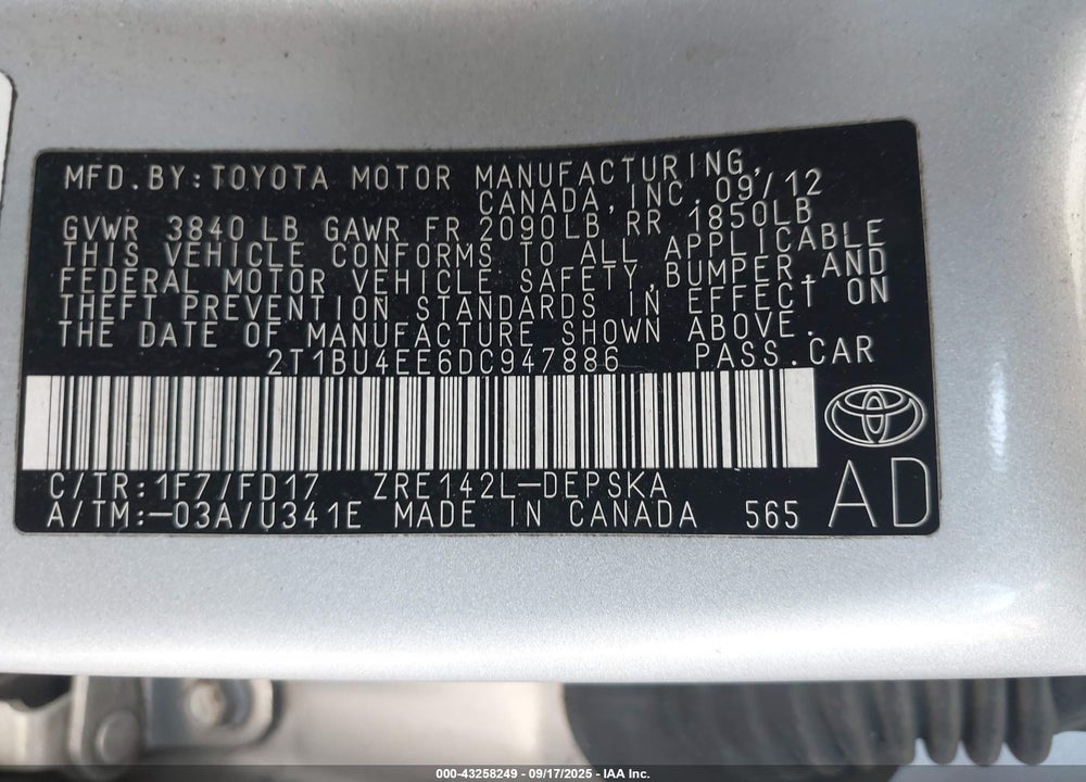 2013 TOYOTA COROLLA VIN: 2T1BU4EE6DC947886