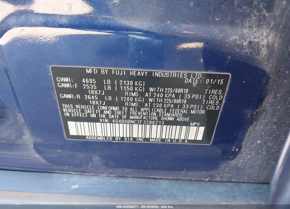 2015 SUBARU OUTBACK VIN: 4S4BSBNC2F3286213