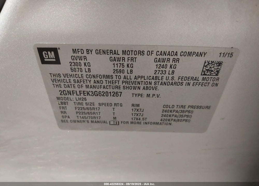 2016 CHEVROLET EQUINOX LT VIN: 2GNFLFEK3G6201267