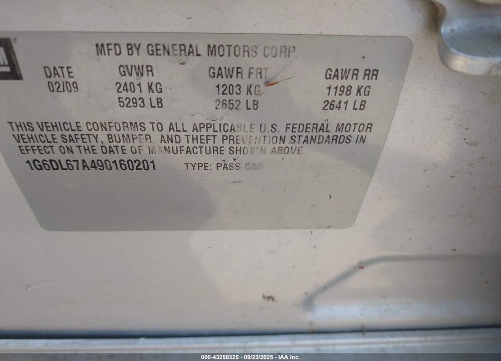 2009 CADILLAC STS VIN: 1G6DL67A490160201