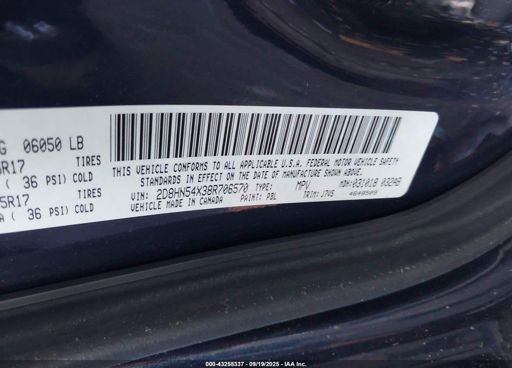 2008 DODGE GRAND CARAVAN VIN: 2D8HN54X38R706570
