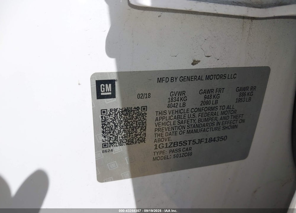 2018 CHEVROLET MALIBU VIN: 1G1ZB5ST5JF184350