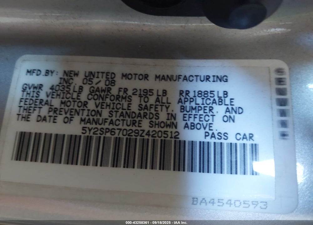 2009 PONTIAC VIBE VIN: 5Y2SP67029Z420512