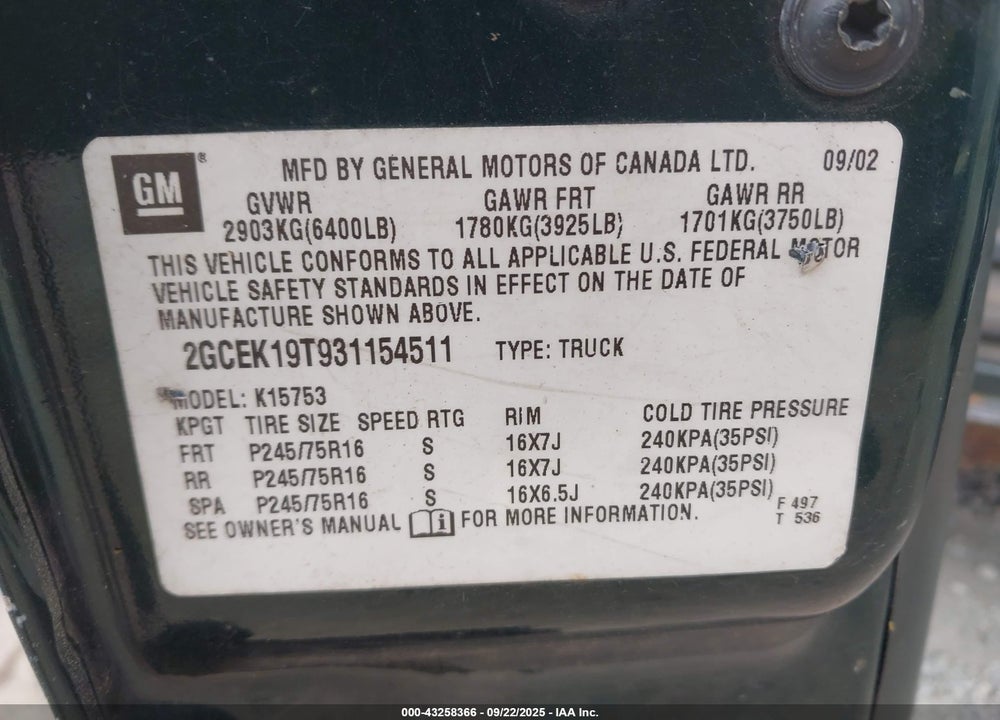 2003 CHEVROLET SILVERADO 1500 LS VIN: 2GCEK19T931154511