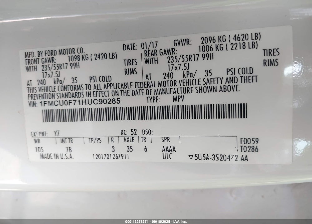 2017 FORD ESCAPE VIN: 1FMCU0F71HUC90285