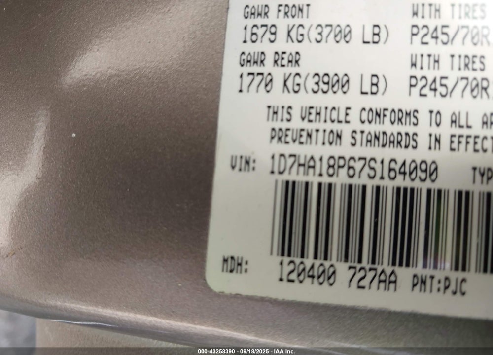 2007 DODGE RAM 1500 SLT VIN: 1D7HA18P67S164090