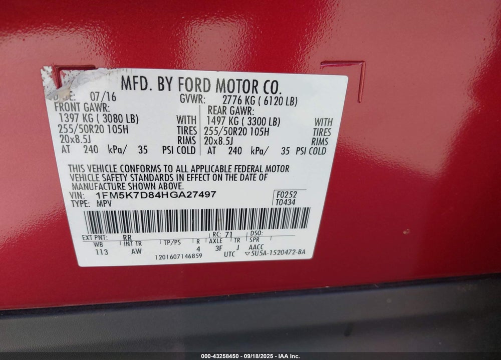 2017 FORD EXPLORER VIN: 1FM5K7D84HGA27497