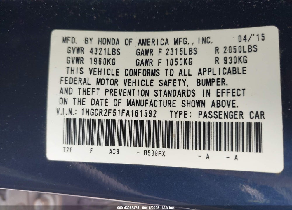 2015 HONDA ACCORD VIN: 1HGCR2F51FA161592