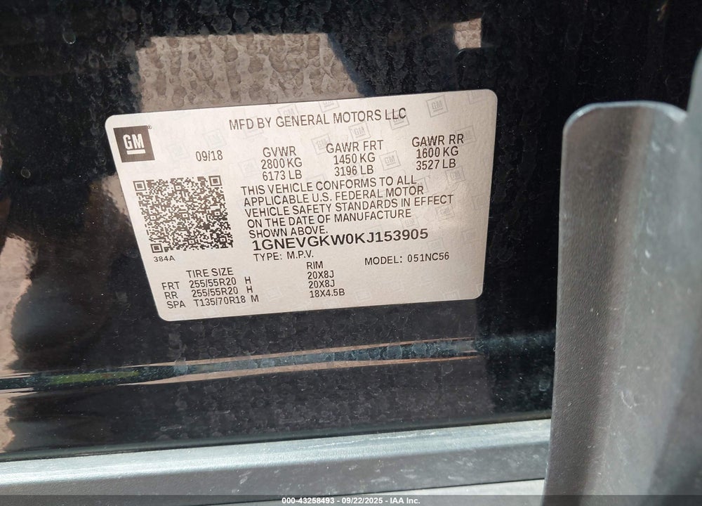 2019 CHEVROLET TRAVERSE VIN: 1GNEVGKW0KJ153905
