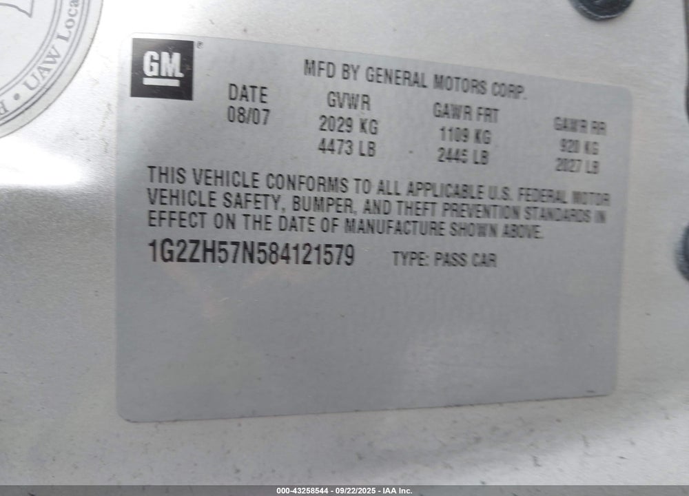2008 PONTIAC G6 VIN: 1G2ZH57N584121579