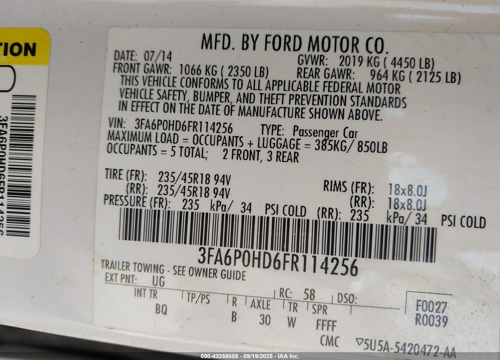 2015 FORD FUSION VIN: 3FA6P0HD6FR114256