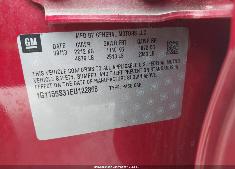 2014 CHEVROLET IMPALA VIN: 1G1155S31EU122868