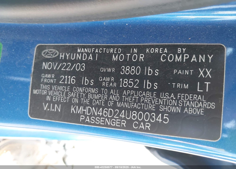2004 HYUNDAI ELANTRA GLS/GT VIN: KMHDN46D24U800345