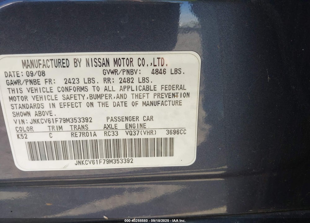 2009 INFINITI G37 VIN: JNKCV61F79M353392