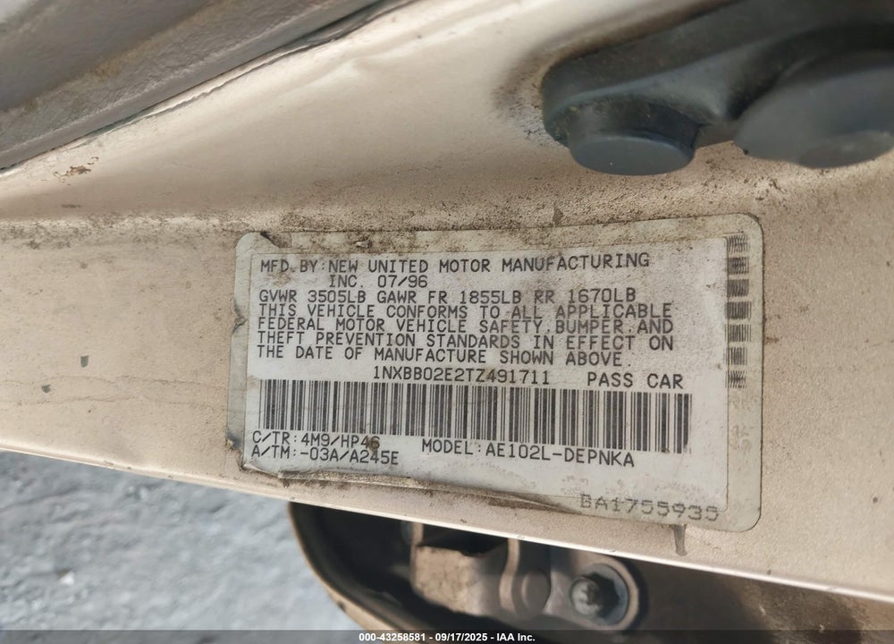 1996 TOYOTA COROLLA DX VIN: 1NXBB02E2TZ491711
