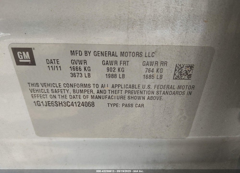 2012 CHEVROLET SONIC VIN: 1G1JE6SH3C4124068