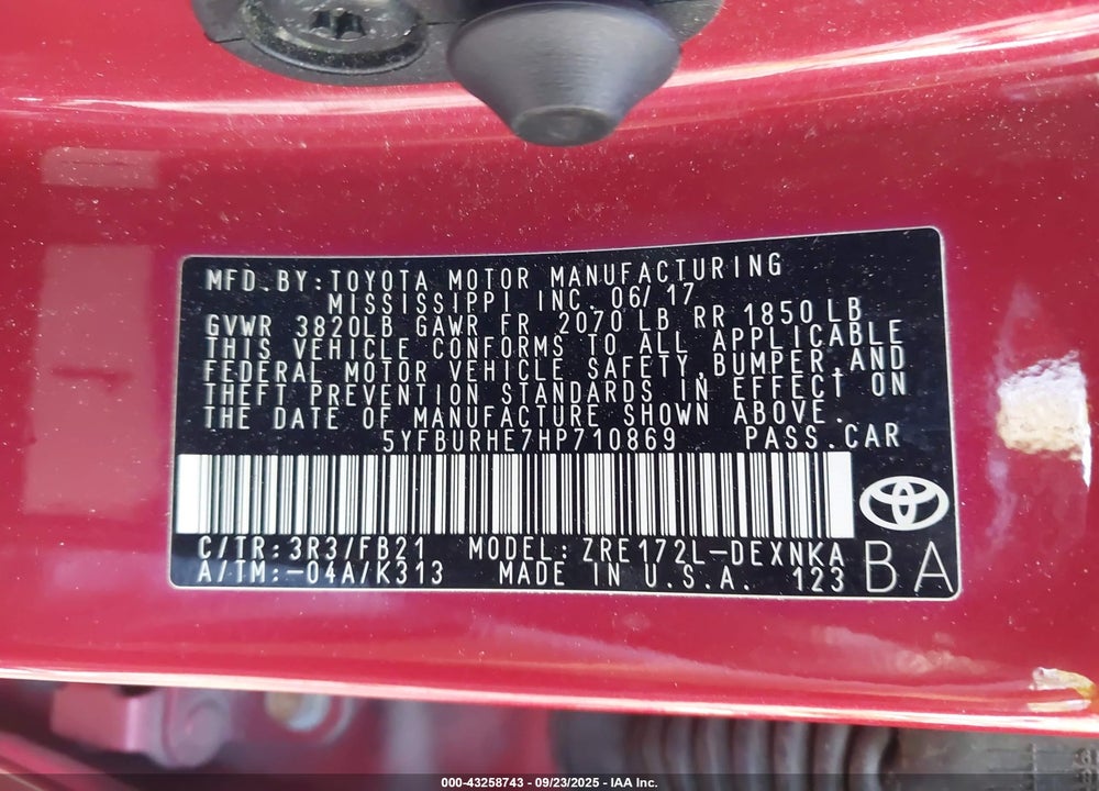 2017 TOYOTA COROLLA VIN: 5YFBURHE7HP710869
