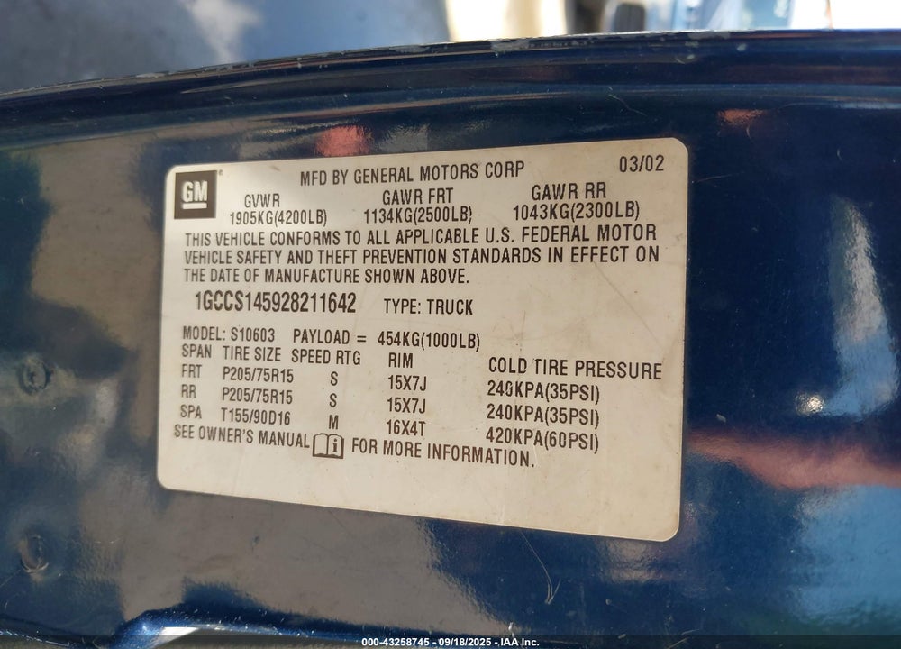 2002 CHEVROLET S-10 VIN: 1GCCS145928211642