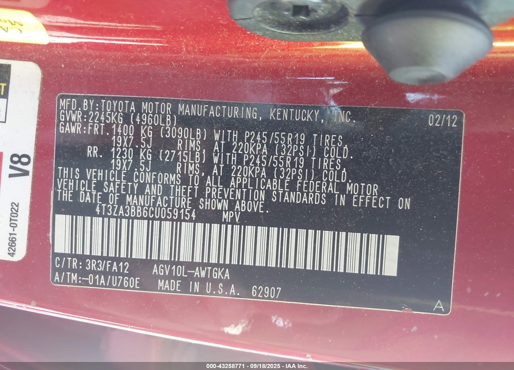 2012 TOYOTA VENZA VIN: 4T3ZA3BB6CU059154