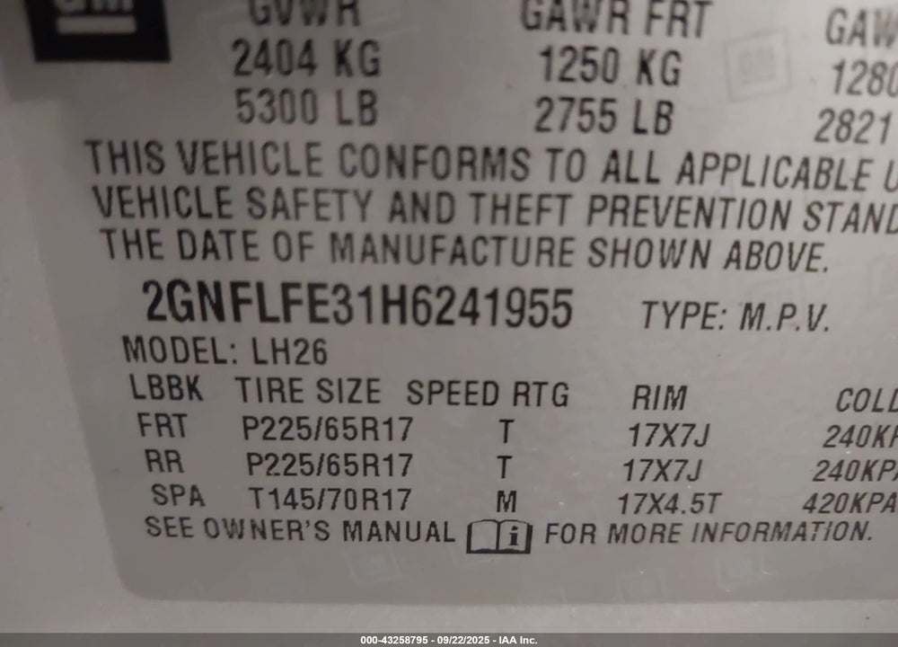 2017 CHEVROLET EQUINOX LT VIN: 2GNFLFE31H6241955