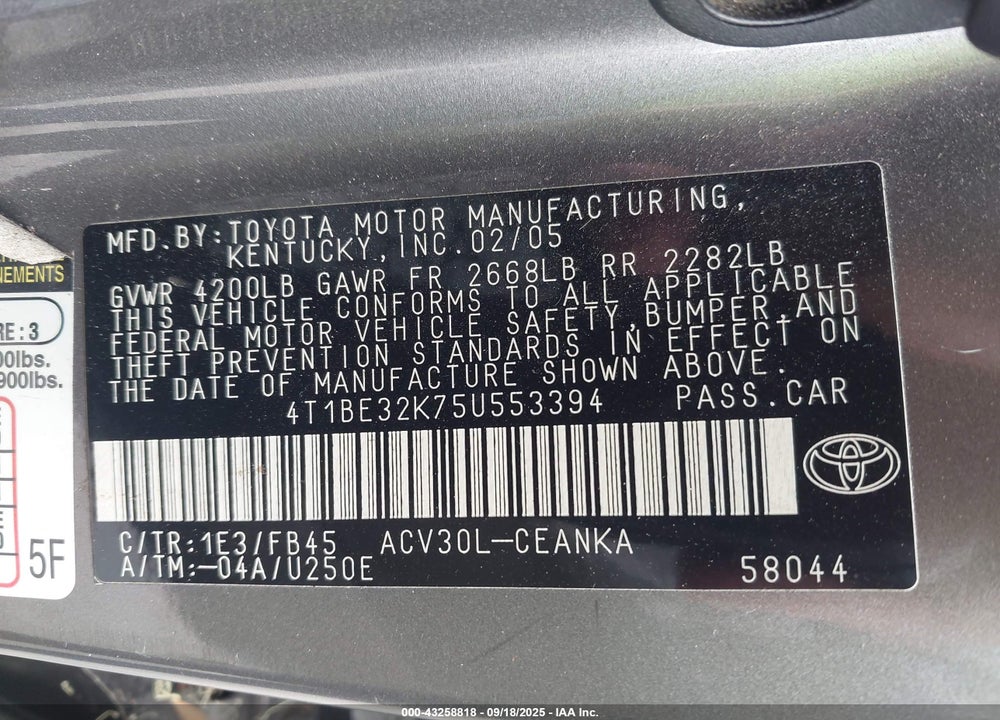 2005 TOYOTA CAMRY LE VIN: 4T1BE32K75U553394