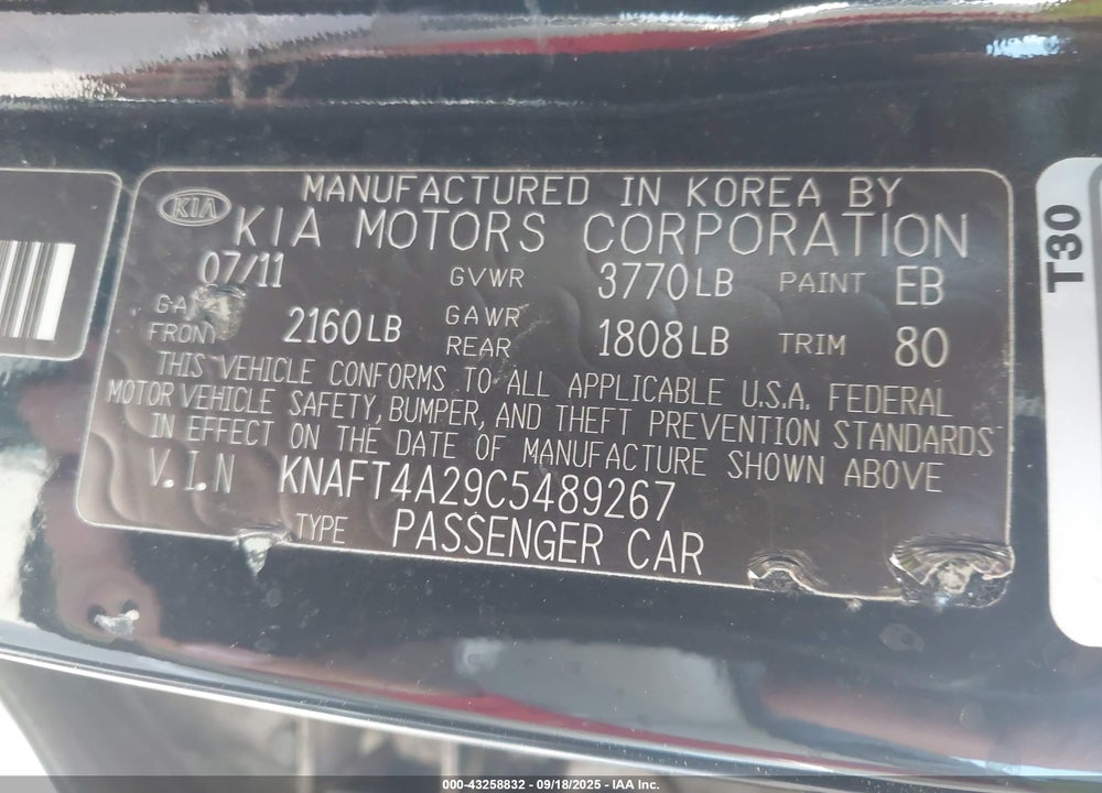 2012 KIA FORTE VIN: KNAFT4A29C5489267