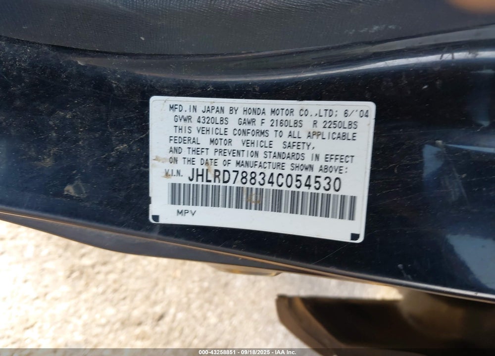 2004 HONDA CR-V EX VIN: JHLRD78834C054530