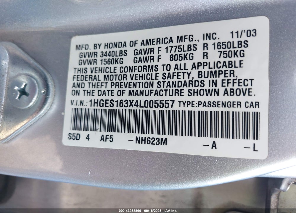 2004 HONDA CIVIC VP VIN: 1HGES163X4L005557
