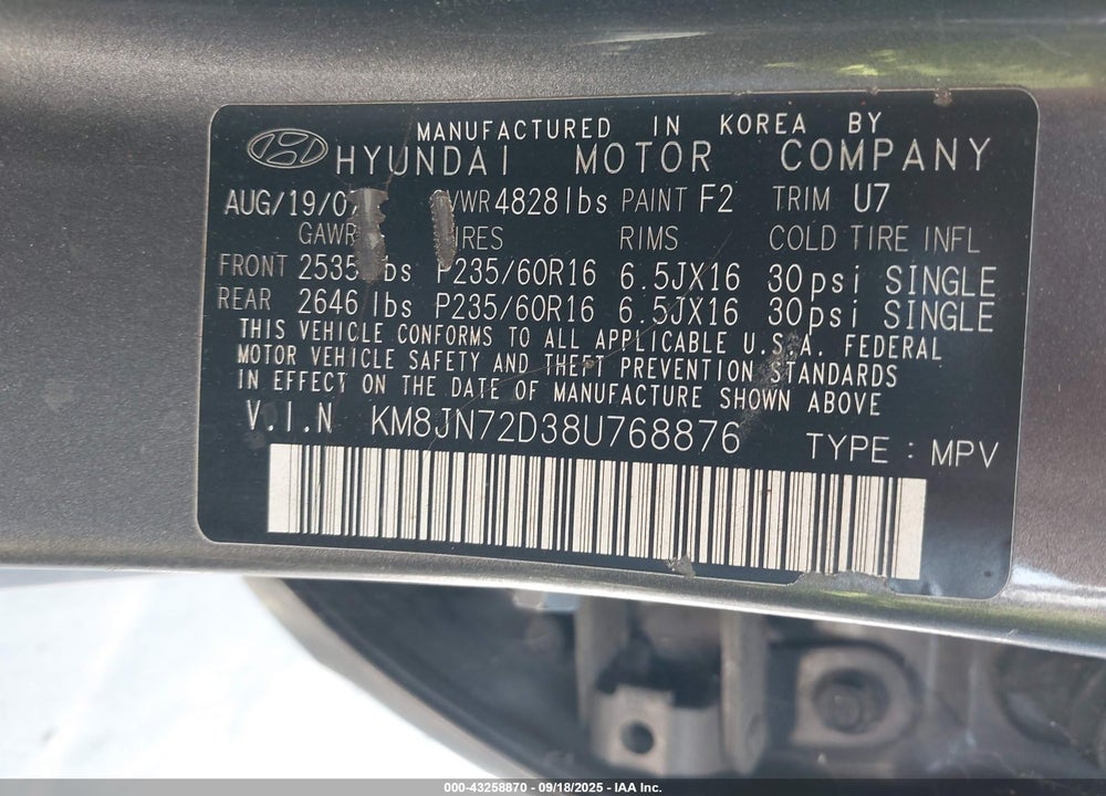 2008 HYUNDAI TUCSON LIMITED V6/SE VIN: KM8JN72D38U768876