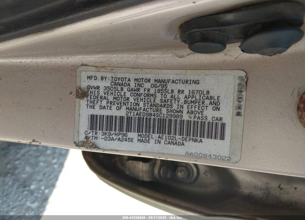 1995 TOYOTA COROLLA LE/DX VIN: 2T1AE09B4SC129989