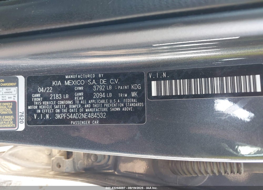 2022 KIA FORTE GT LINE VIN: 3KPF54AD2NE484532